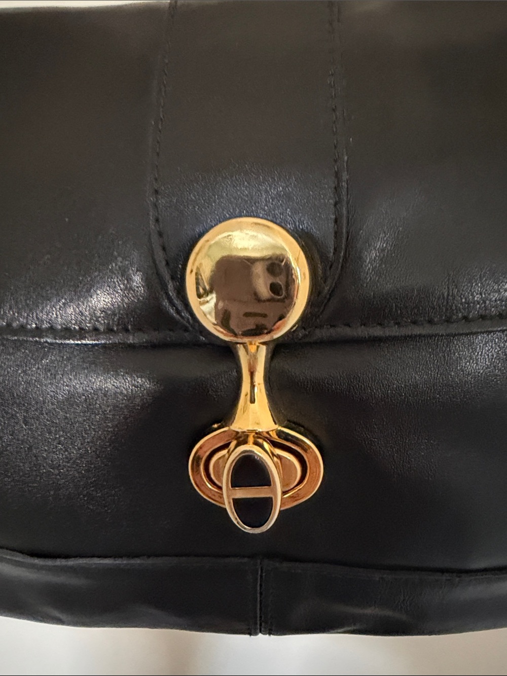 Vintage Black Leather Shoulder Bag with Gold Hardware, Strap 15 1/2 in. ,13x8 in - Picture 2 of 9